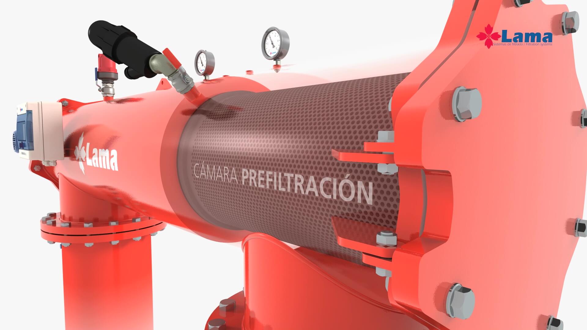 Animación 3D del filtro autolimpiante de Lama