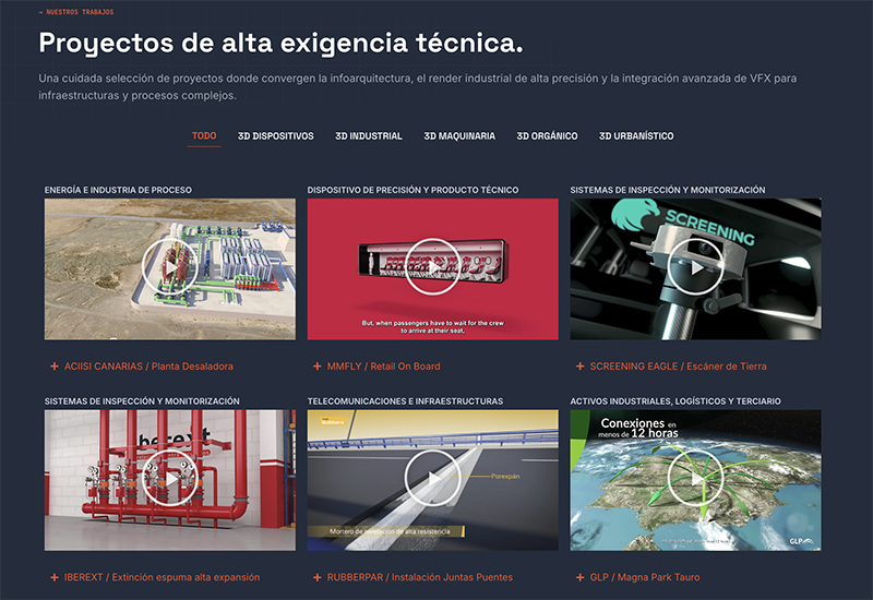 Vista de la página de portfolio de Enefecto con proyectos 3D